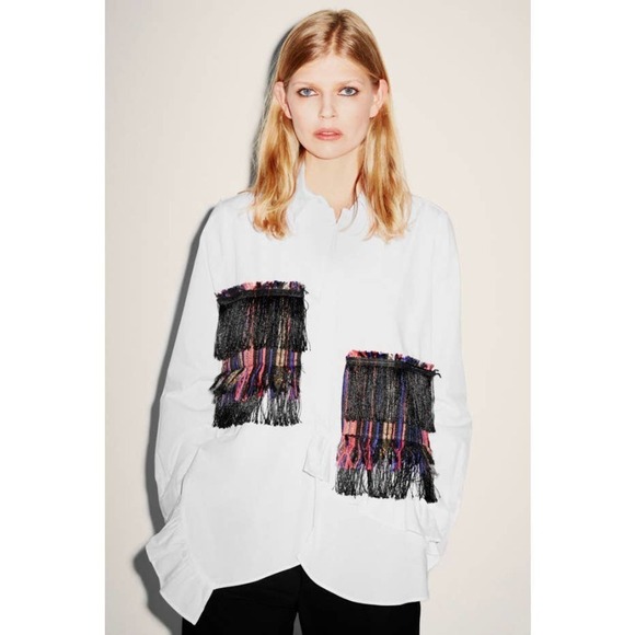 Zara asymmetric western ruffle long sleeve blouse with tassle detail size L - Picture 8 of 8